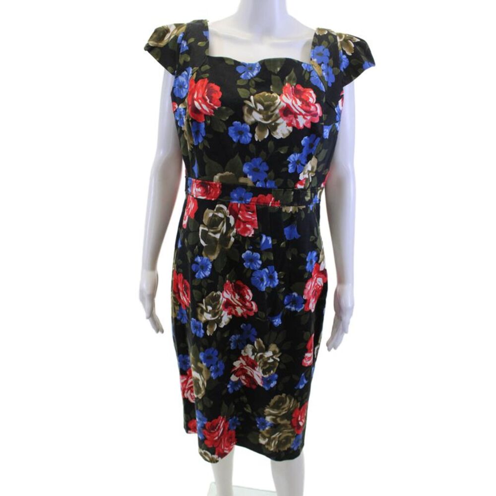 J. Peterman Women Fit & Flare Dress Black Floral Square Neck Size 14
